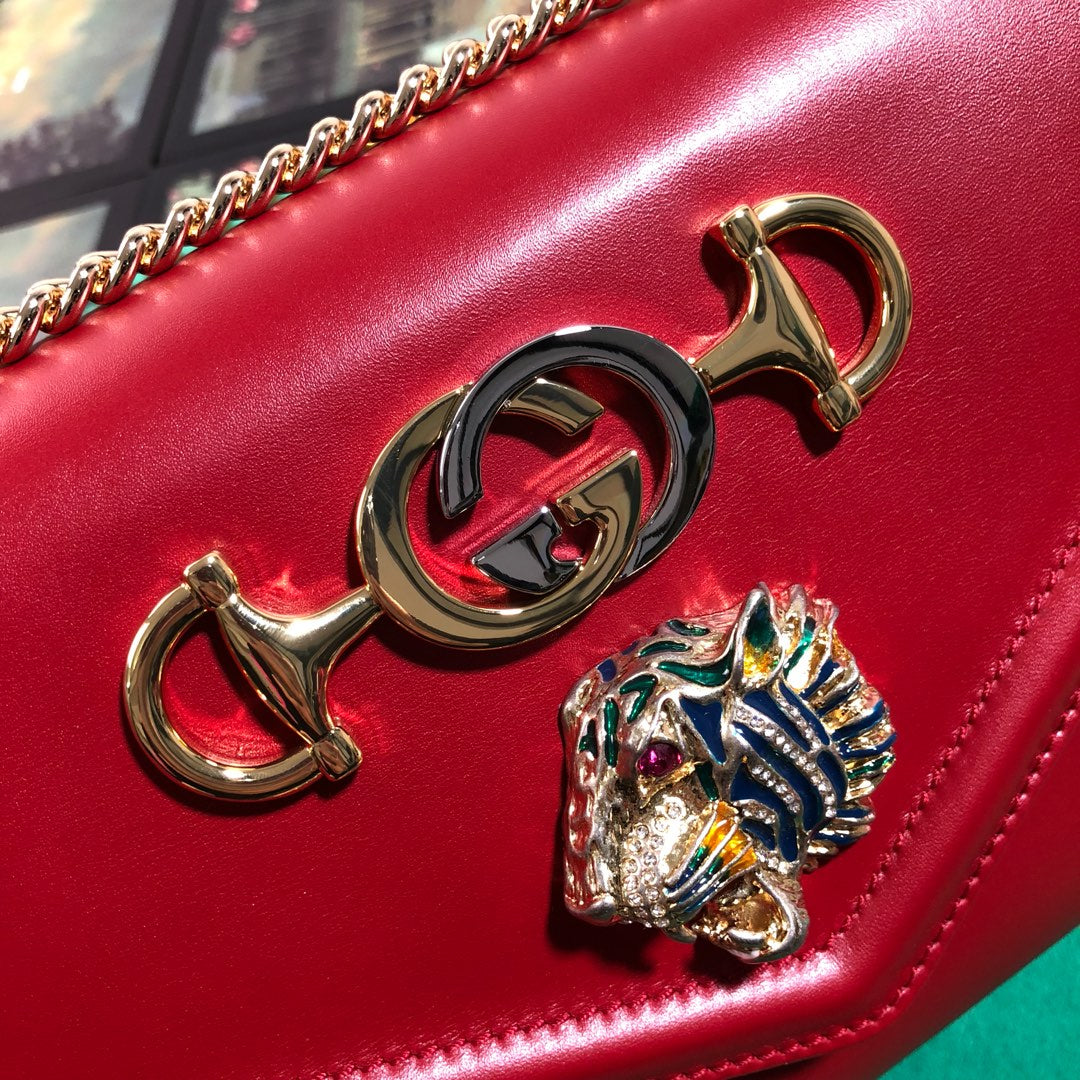 Red Leather Rajah Style Shoulder Bag with Tiger Head and Horsebit Detail