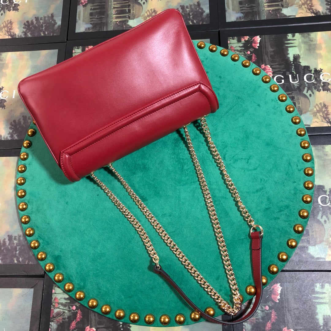 Red Leather Rajah Style Shoulder Bag with Tiger Head and Horsebit Detail