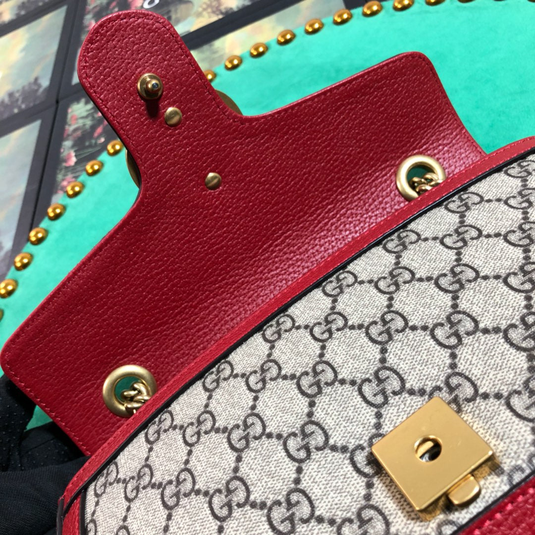 Gucci GG Marmont Small Shoulder Bag - GG Supreme Canvas with Red Leather Trim