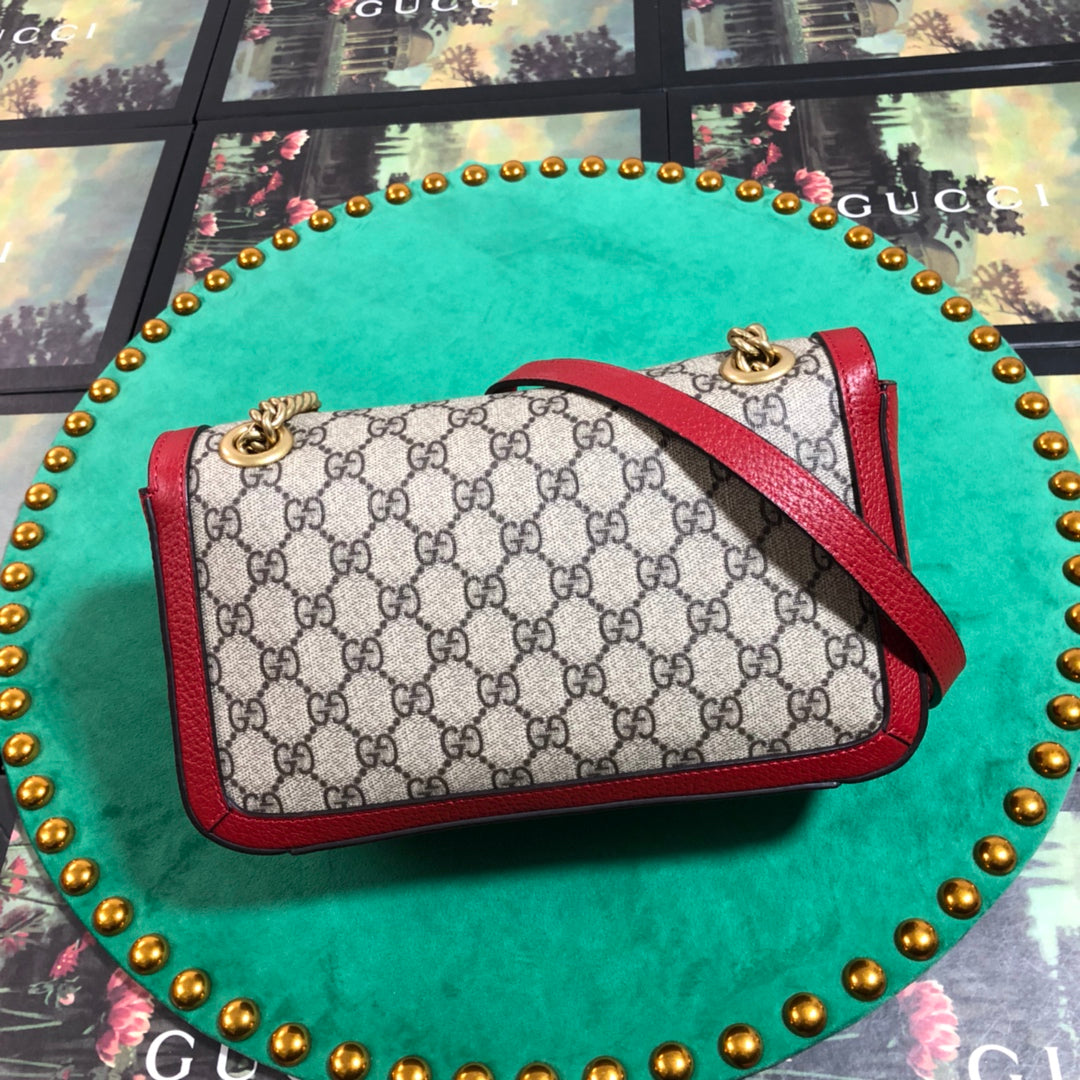 Gucci GG Marmont Small Shoulder Bag - GG Supreme Canvas with Red Leather Trim