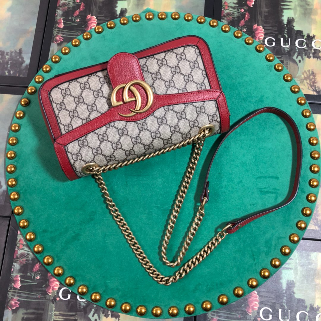 Gucci GG Marmont Small Shoulder Bag - GG Supreme Canvas with Red Leather Trim