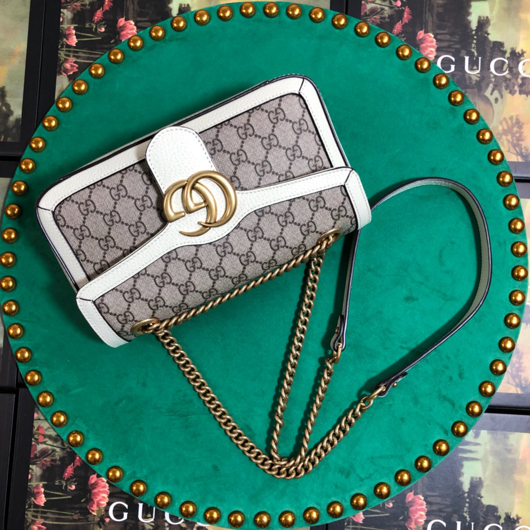 Gucci GG Marmont Small Shoulder Bag in GG Supreme Canvas with White Leather Trim