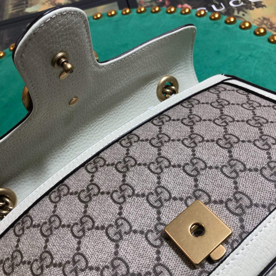 Gucci GG Marmont Small Shoulder Bag in GG Supreme Canvas with White Leather Trim