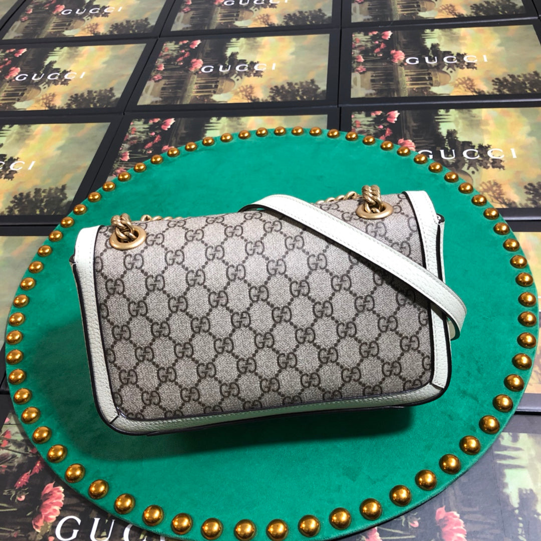 Gucci GG Marmont Small Shoulder Bag in GG Supreme Canvas with White Leather Trim