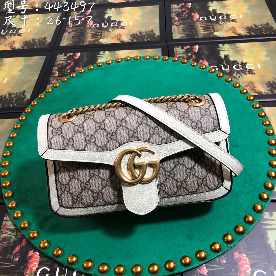 Gucci GG Marmont Small Shoulder Bag in GG Supreme Canvas with White Leather Trim