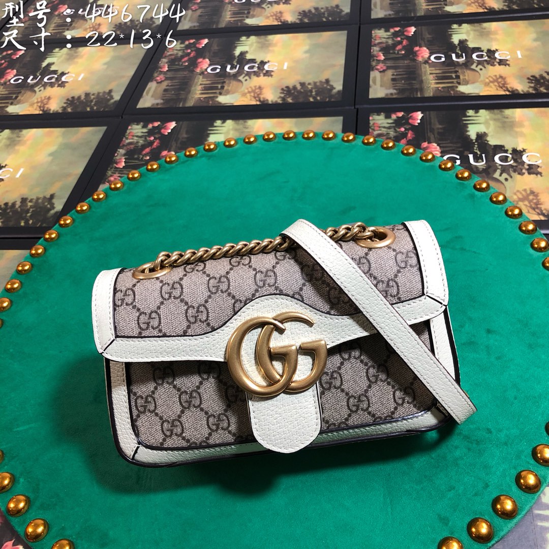 Gucci GG Marmont Small Shoulder Bag - GG Supreme Canvas with White Leather Trim