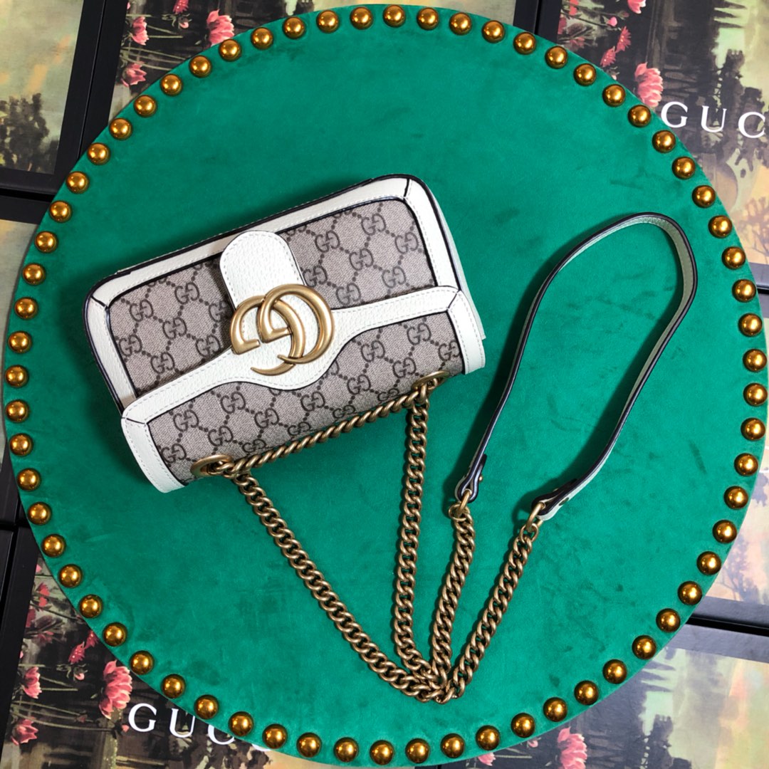 Gucci GG Marmont Small Shoulder Bag - GG Supreme Canvas with White Leather Trim