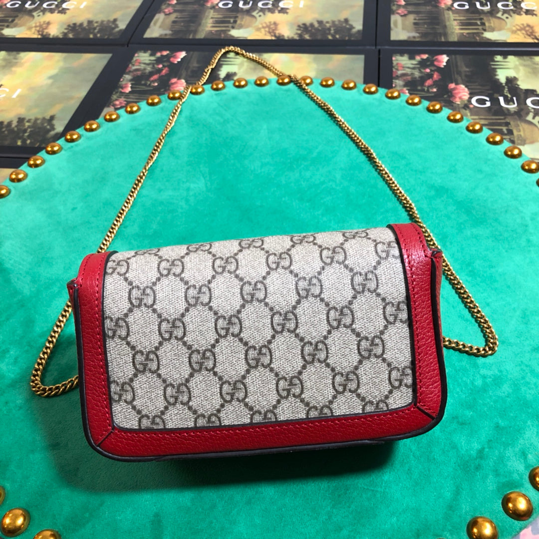Gucci GG Marmont Small Shoulder Bag in GG Supreme Canvas with Red Leather Trim