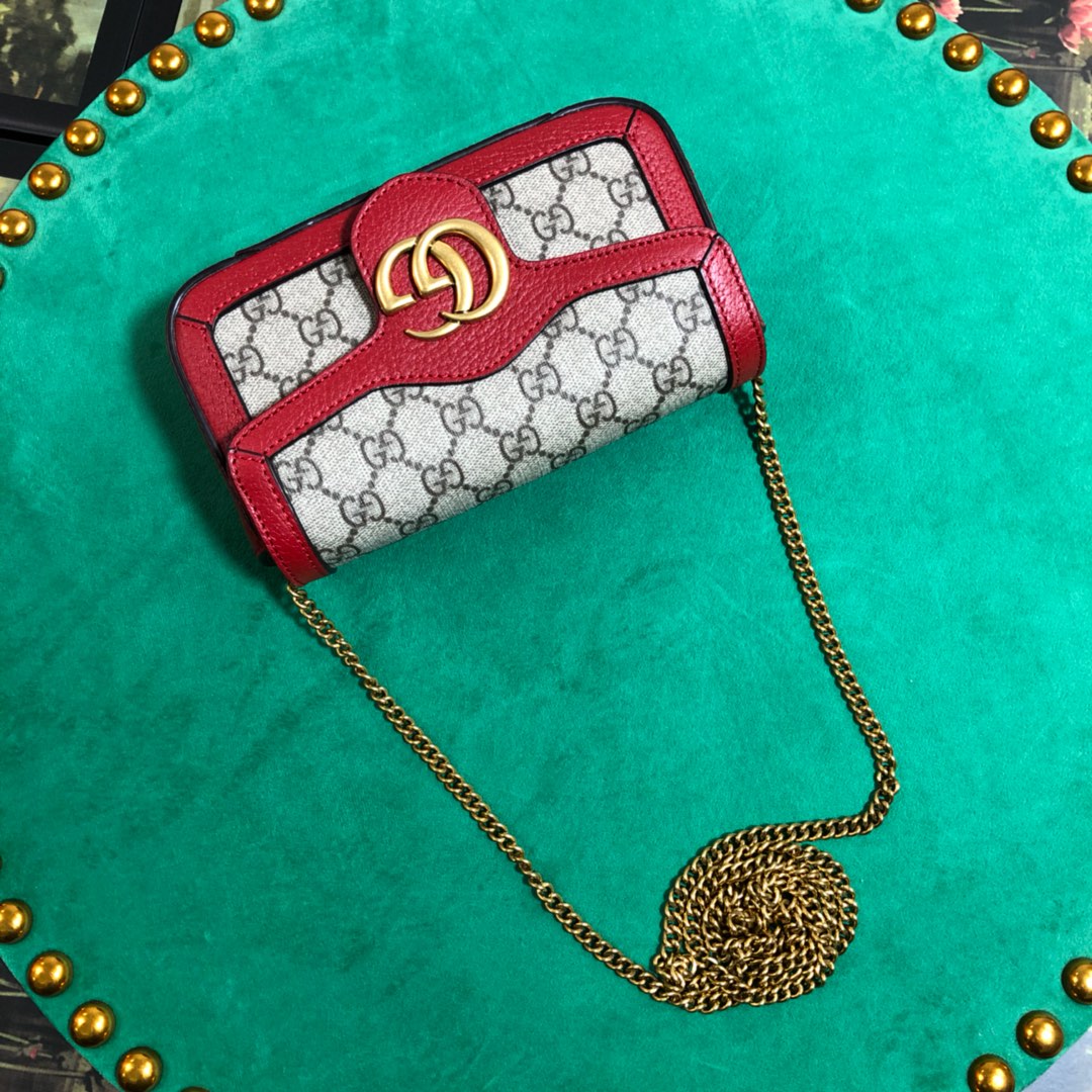 Gucci GG Marmont Small Shoulder Bag in GG Supreme Canvas with Red Leather Trim