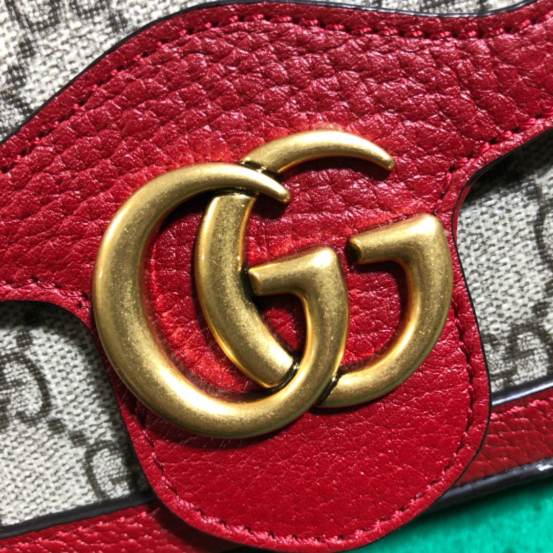 Gucci Classic Monogram Canvas Mini Crossbody Bag with Red Trim and Chain
