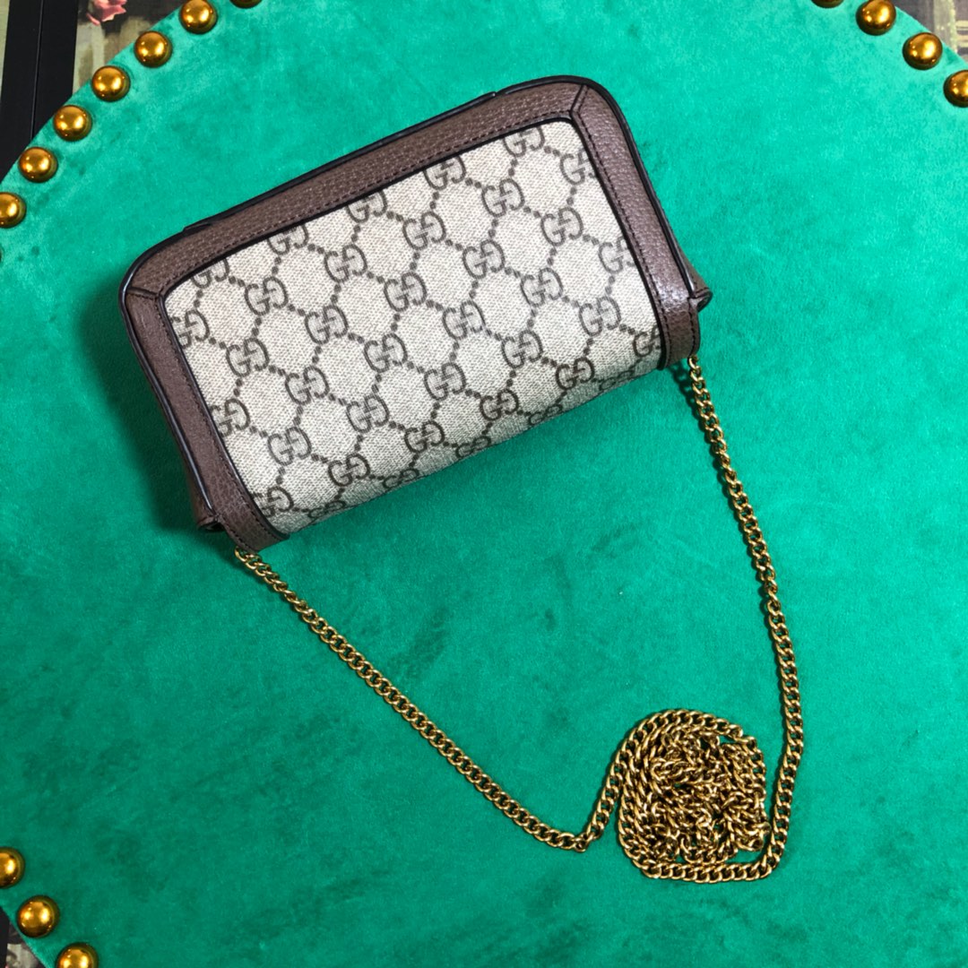 Gucci Vintage Style Monogram Shoulder Bag with Gold Hardware and Brown Trim