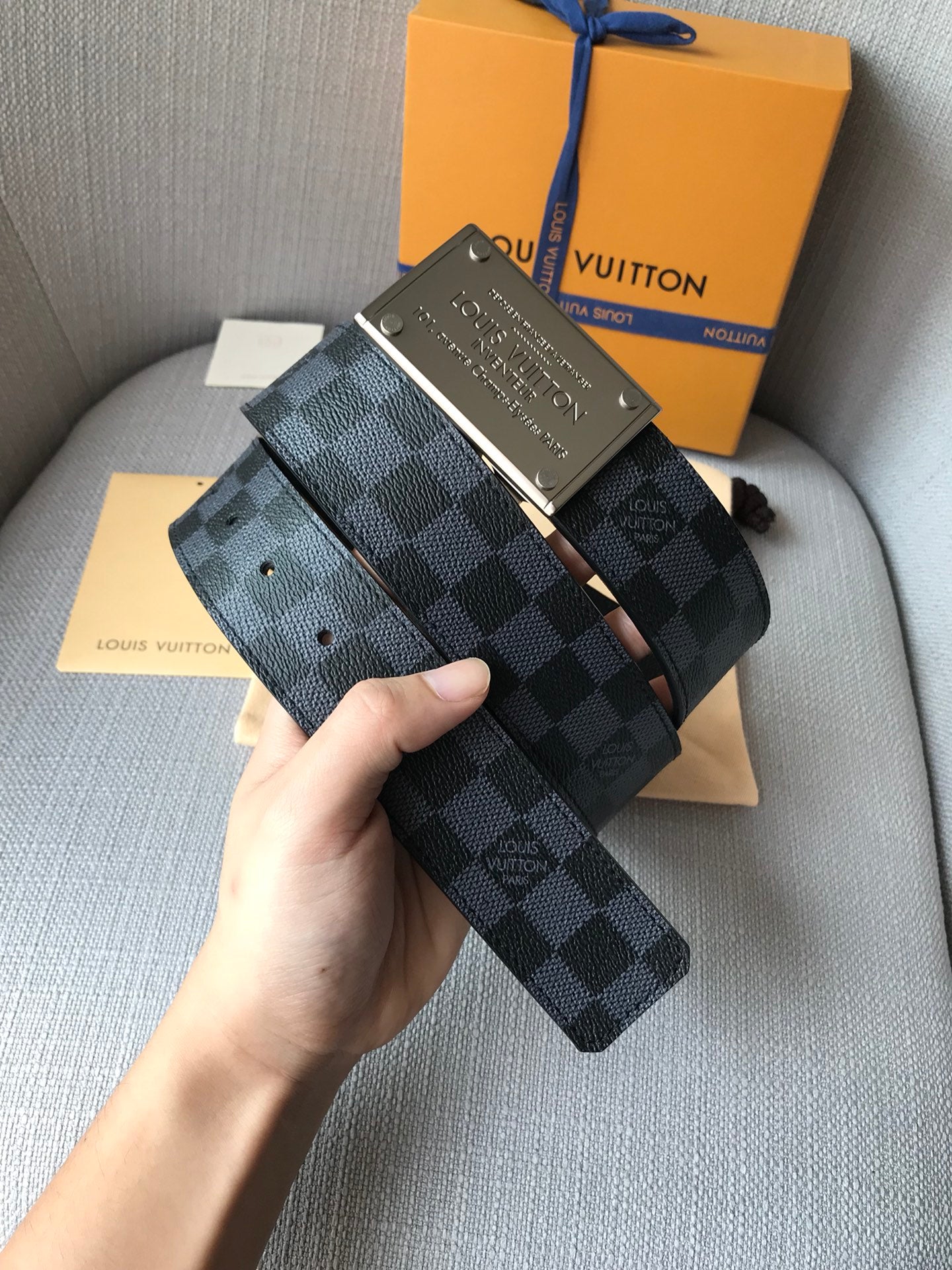 Louis Vuitton Men's Damier Graphite 40mm Belt with Silver Engraved Buckle Plate, Grey/Black Canvas