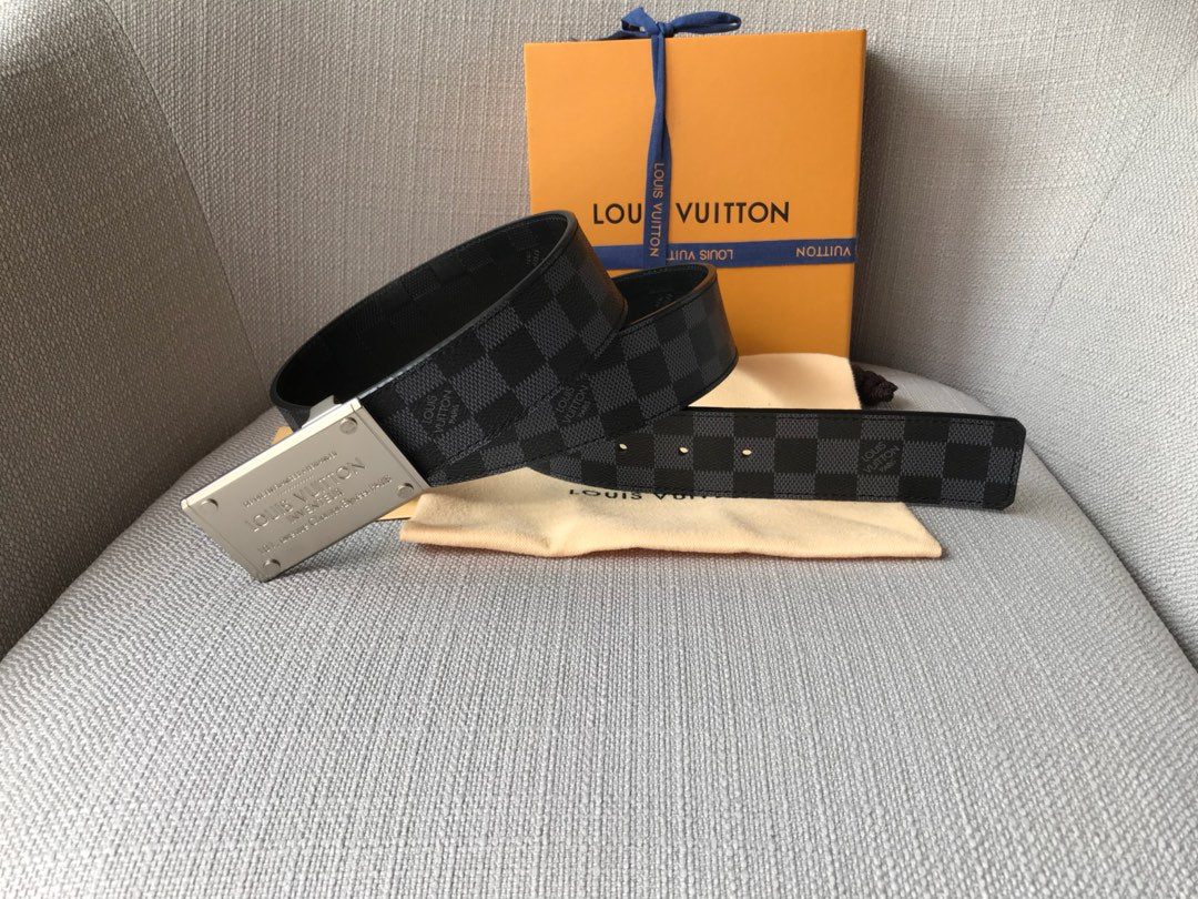 Louis Vuitton Men's Damier Graphite 40mm Belt with Silver Engraved Buckle Plate, Grey/Black Canvas