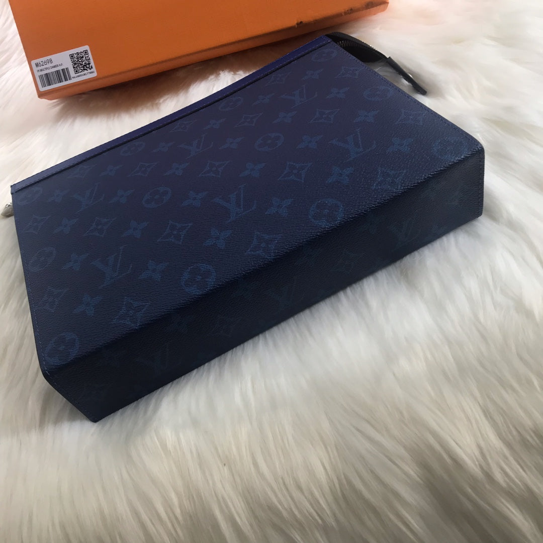 Louis Vuitton Pochette Voyage MM Monogram Shadow Navy Blue Men's Clutch Bag