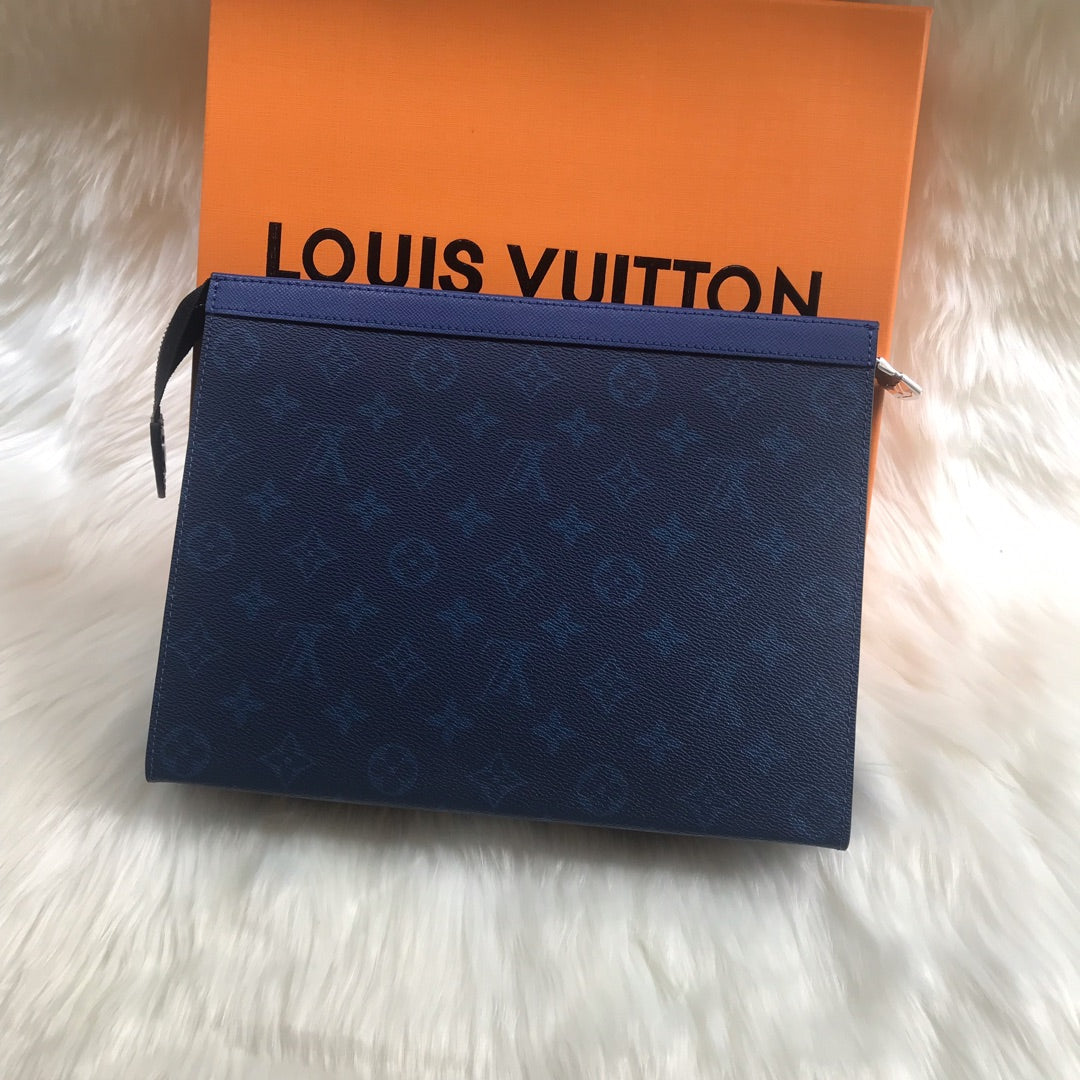 Louis Vuitton Pochette Voyage MM Monogram Shadow Navy Blue Men's Clutch Bag