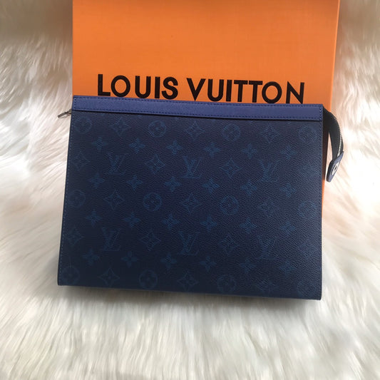 Louis Vuitton Pochette Voyage MM Monogram Shadow Navy Blue Men's Clutch Bag