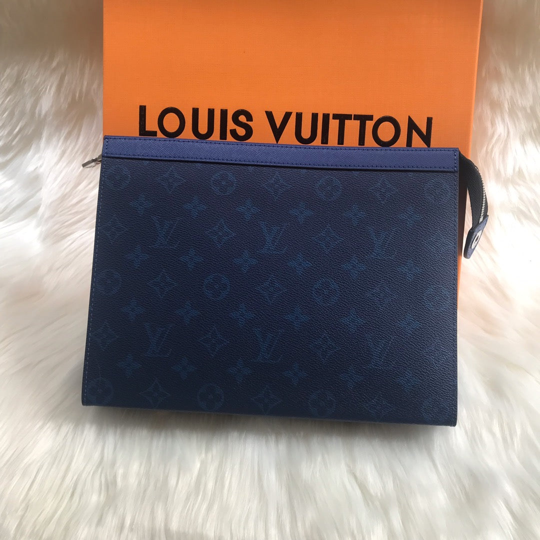 Louis Vuitton Pochette Voyage MM Monogram Shadow Navy Blue Men's Clutch Bag