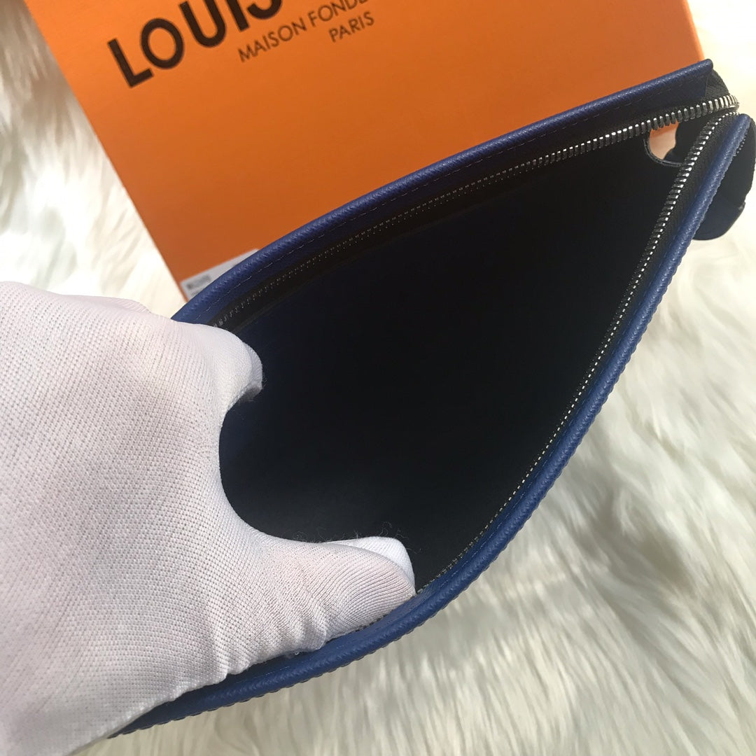 Louis Vuitton Pochette Voyage MM Monogram Shadow Navy Blue Men's Clutch Bag