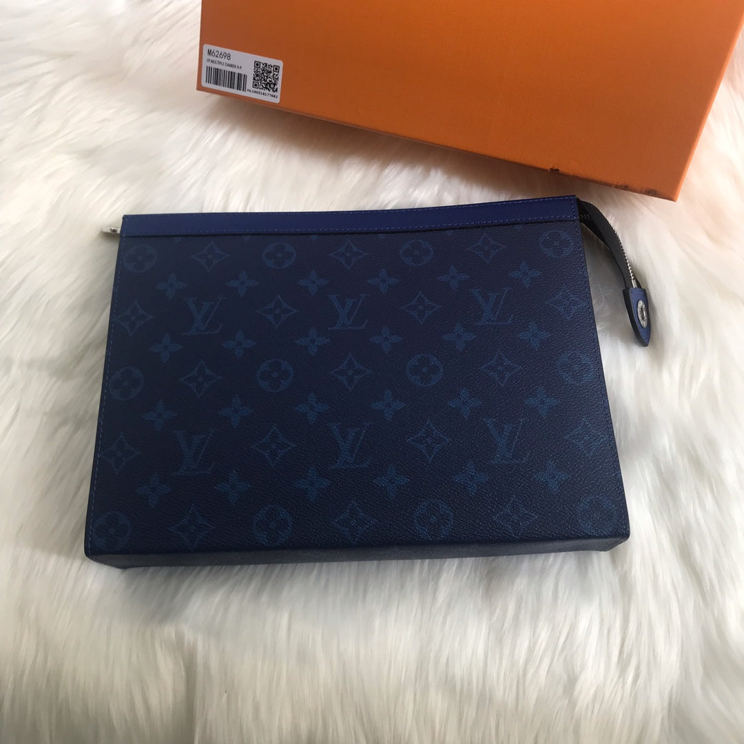 Louis Vuitton Pochette Voyage MM Monogram Shadow Navy Blue Men's Clutch Bag