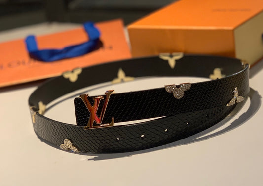 Luxury Designer Black Textured Leather Belt with Gold LV Initial Buckle and Floral Monogram Embellishments