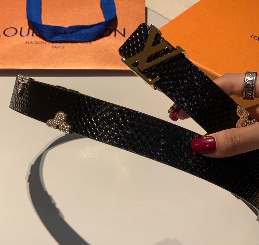 Luxury Designer Black Textured Leather Belt with Gold LV Initial Buckle and Floral Monogram Embellishments