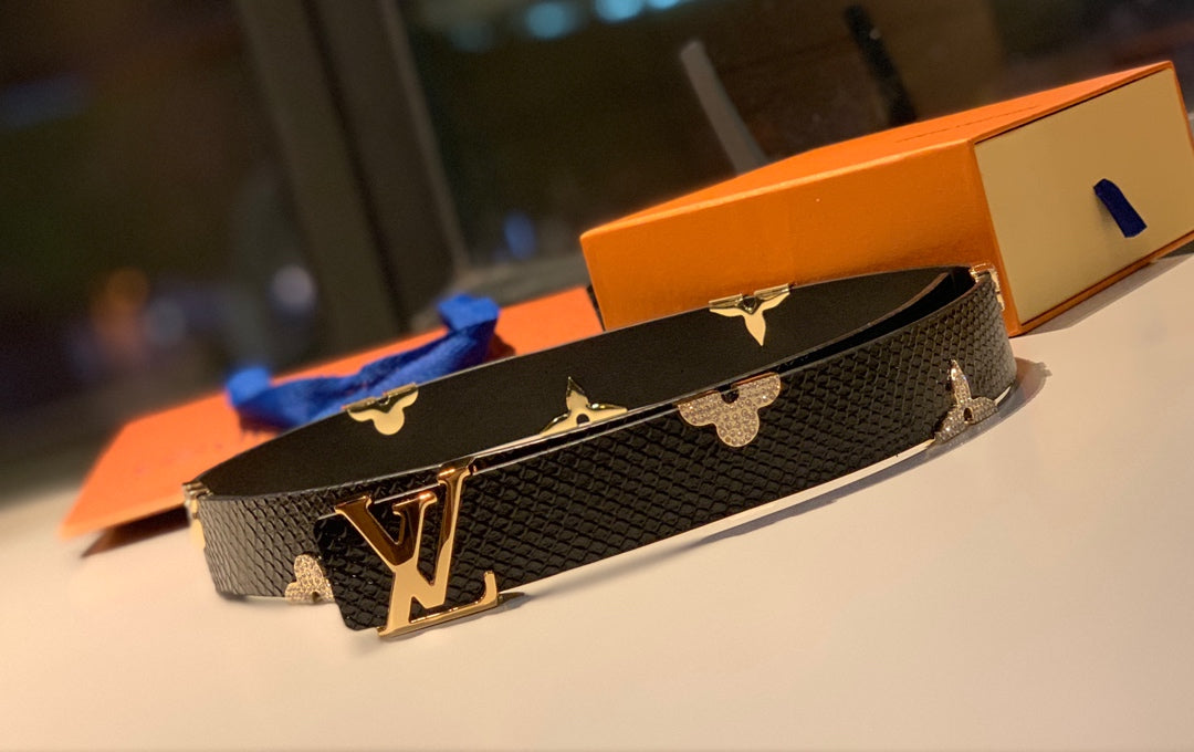Luxury Designer Black Textured Leather Belt with Gold LV Initial Buckle and Floral Monogram Embellishments