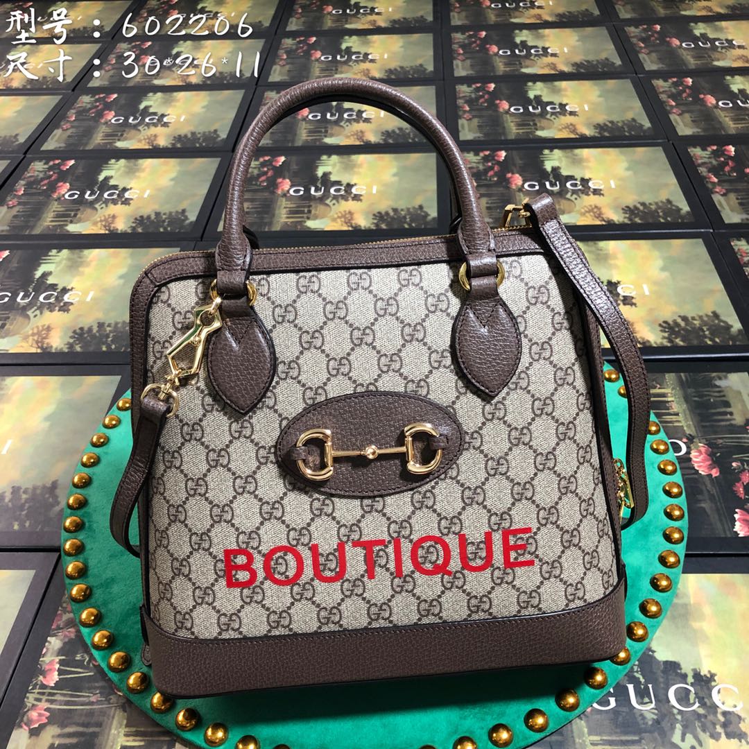 Gucci Horsebit 1955 Small Top Handle Bag GG Supreme Boutique Print Brown