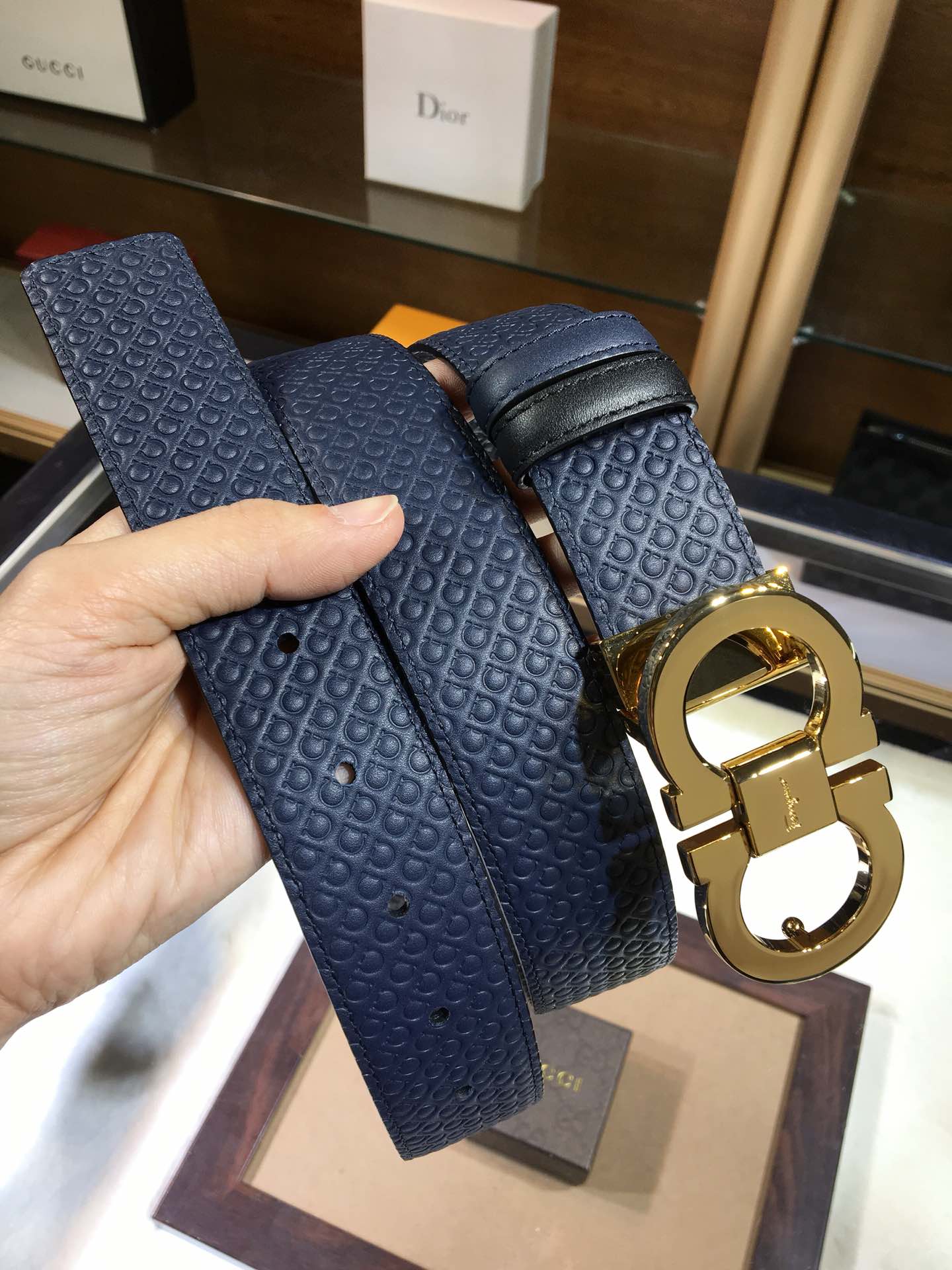 Salvatore Ferragamo Men's Gancini Embossed Navy Blue Leather Belt with Gold-Tone Buckle