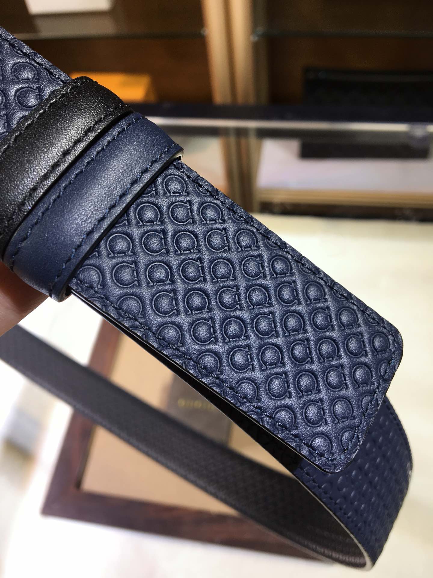Salvatore Ferragamo Men's Gancini Embossed Navy Blue Leather Belt with Gold-Tone Buckle