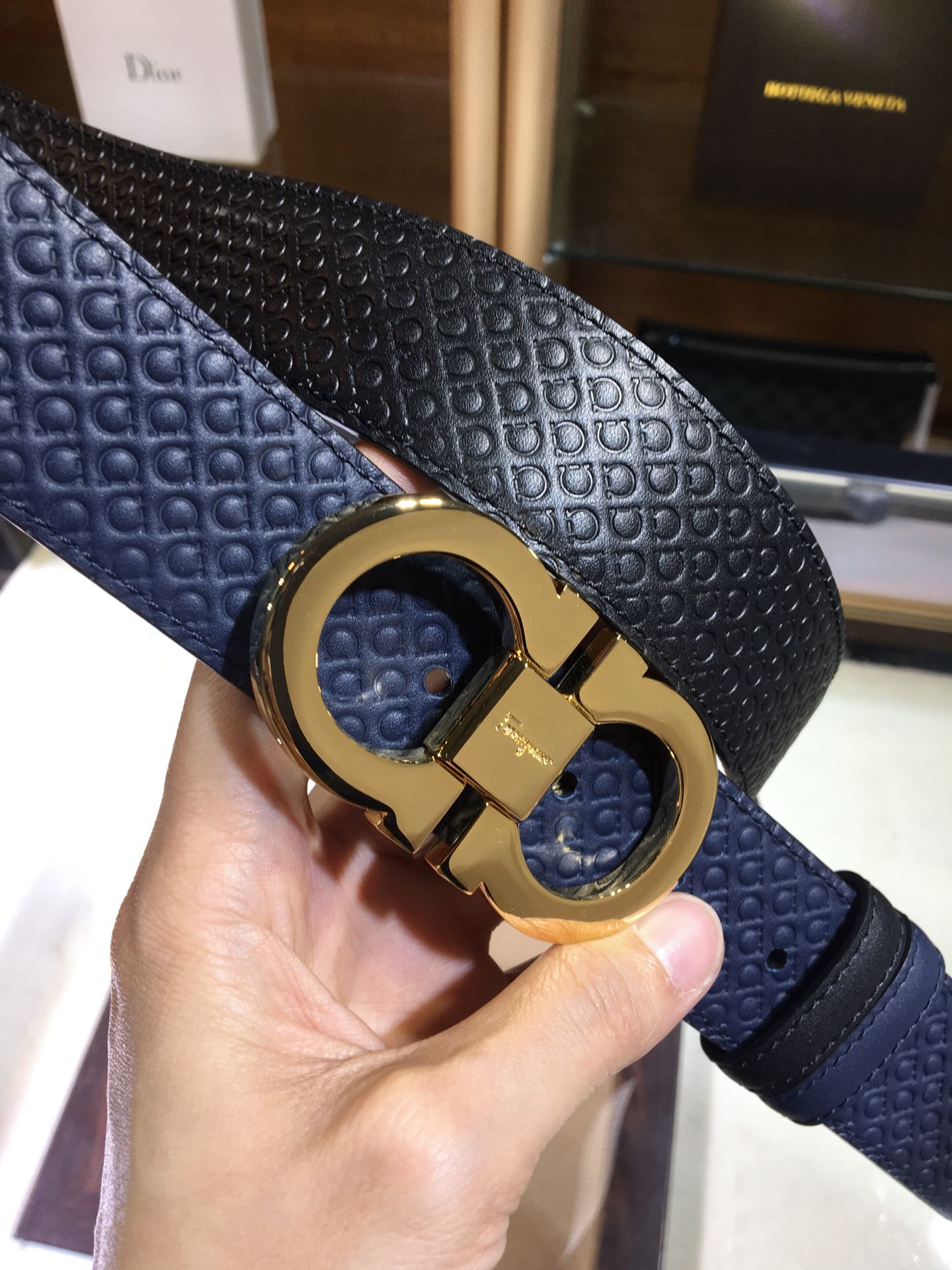 Salvatore Ferragamo Men's Gancini Embossed Navy Blue Leather Belt with Gold-Tone Buckle