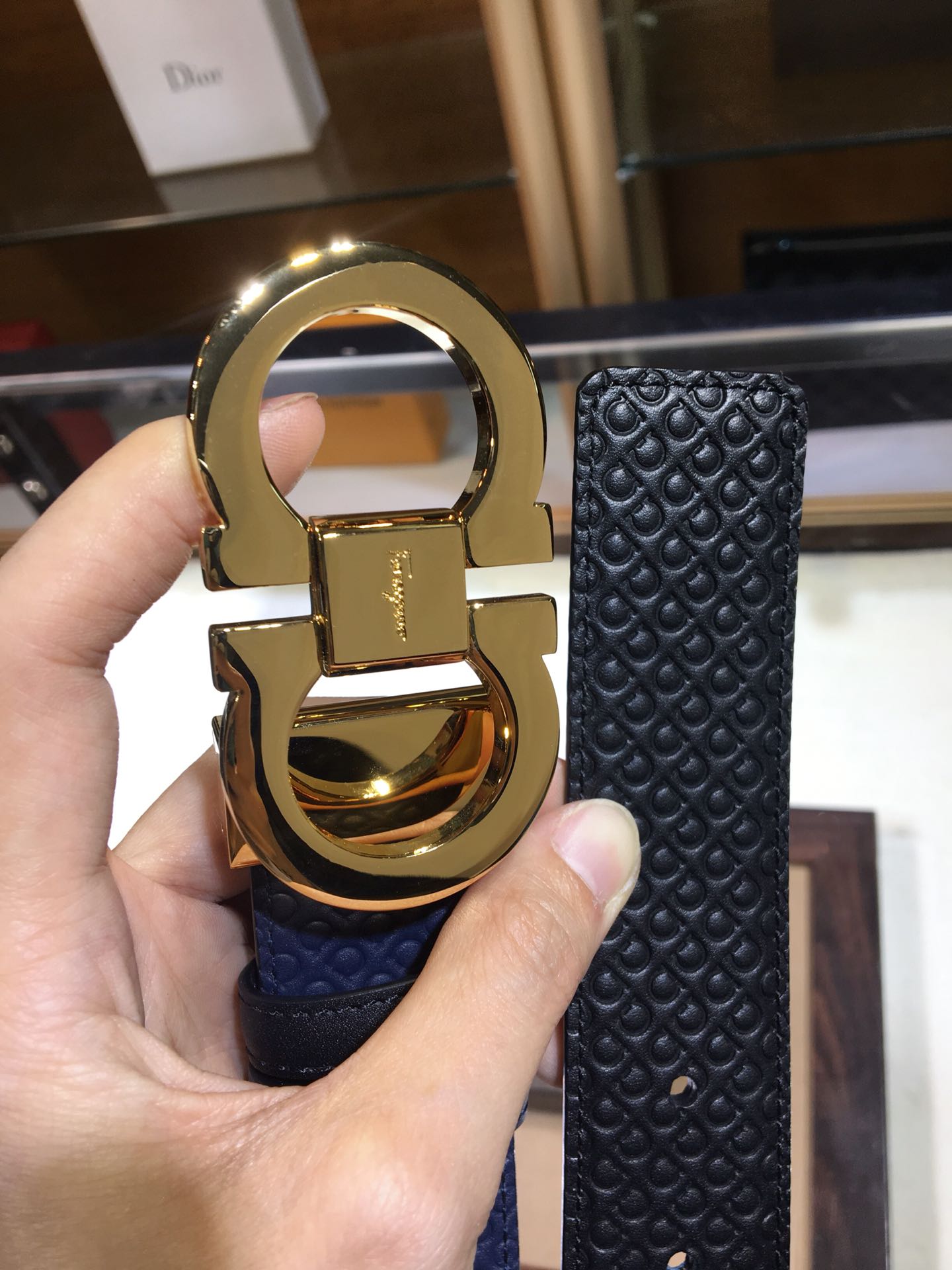 Salvatore Ferragamo Men's Gancini Embossed Navy Blue Leather Belt with Gold-Tone Buckle