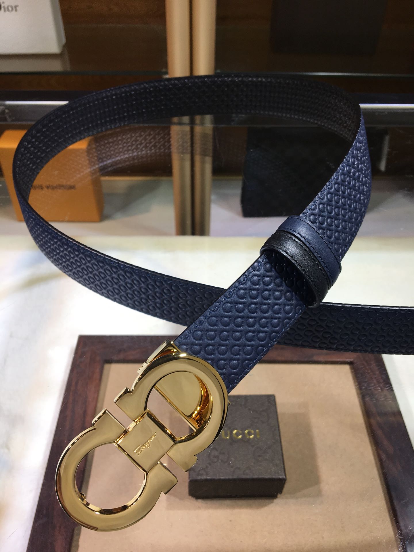 Salvatore Ferragamo Men's Gancini Embossed Navy Blue Leather Belt with Gold-Tone Buckle