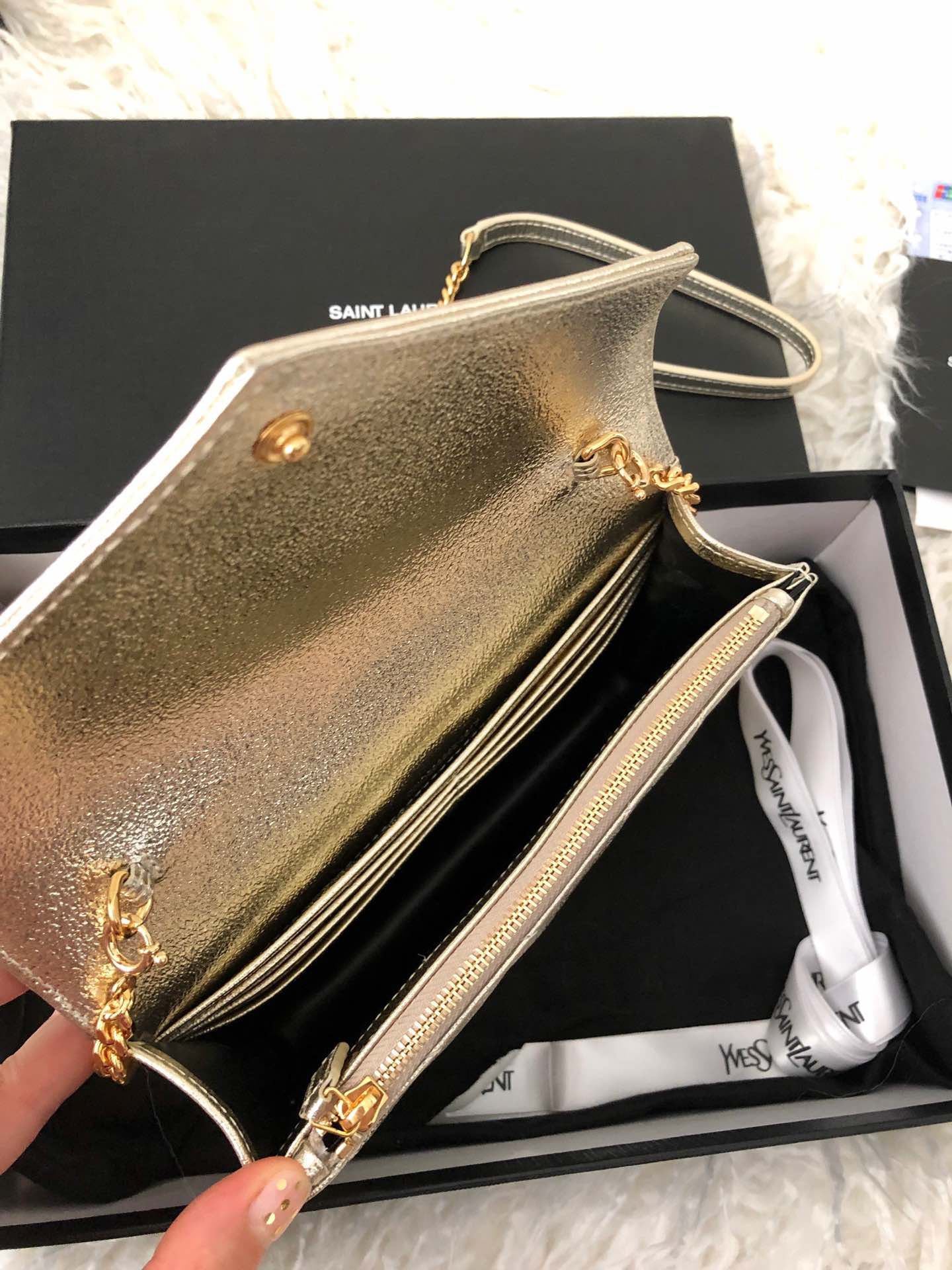 Saint Laurent Cassandre Matelassé Wallet on Chain in Gold Quilted Leather