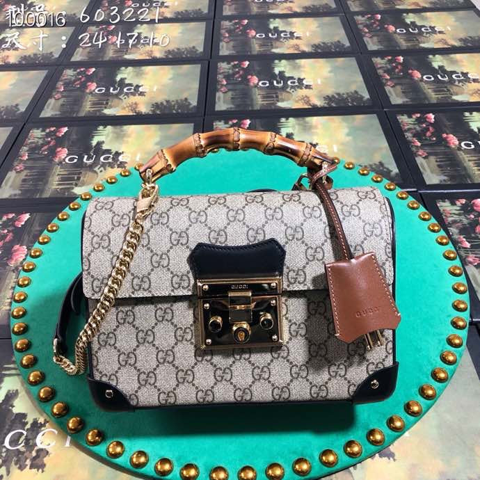 Gucci GG Supreme Padlock Bamboo Top Handle Shoulder Bag