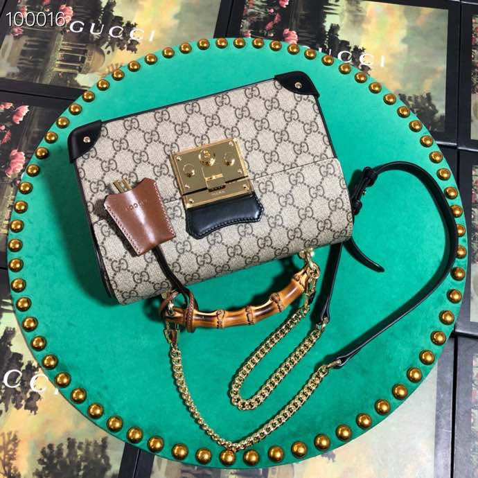 Gucci GG Supreme Padlock Bamboo Top Handle Shoulder Bag
