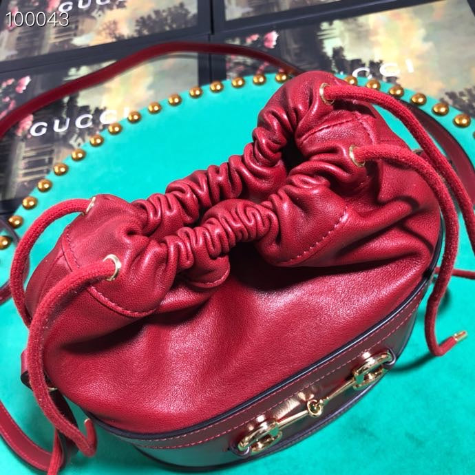 Red Leather Horsebit Bucket Bag - Elegant Drawstring Crossbody Handbag