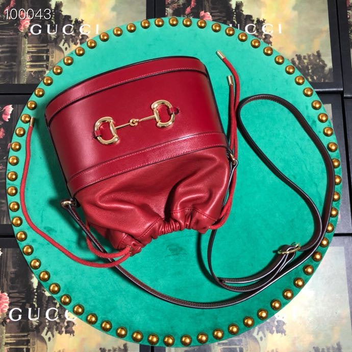 Red Leather Horsebit Bucket Bag - Elegant Drawstring Crossbody Handbag