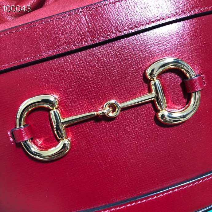 Red Leather Horsebit Bucket Bag - Elegant Drawstring Crossbody Handbag