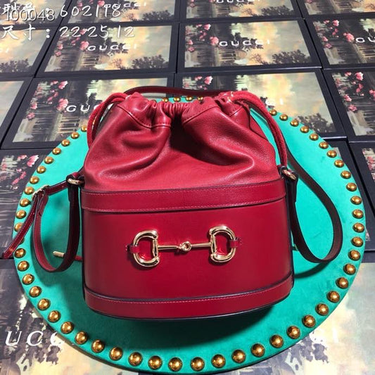 Red Leather Horsebit Bucket Bag - Elegant Drawstring Crossbody Handbag