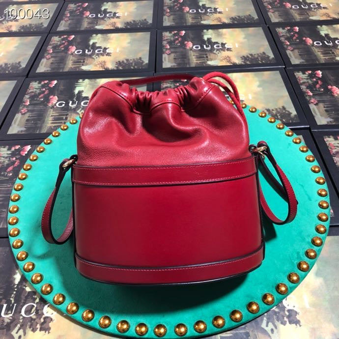 Red Leather Horsebit Bucket Bag - Elegant Drawstring Crossbody Handbag
