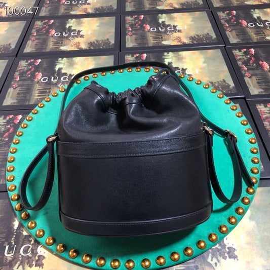 Classic Black Leather Drawstring Bucket Bag with Adjustable Shoulder Strap