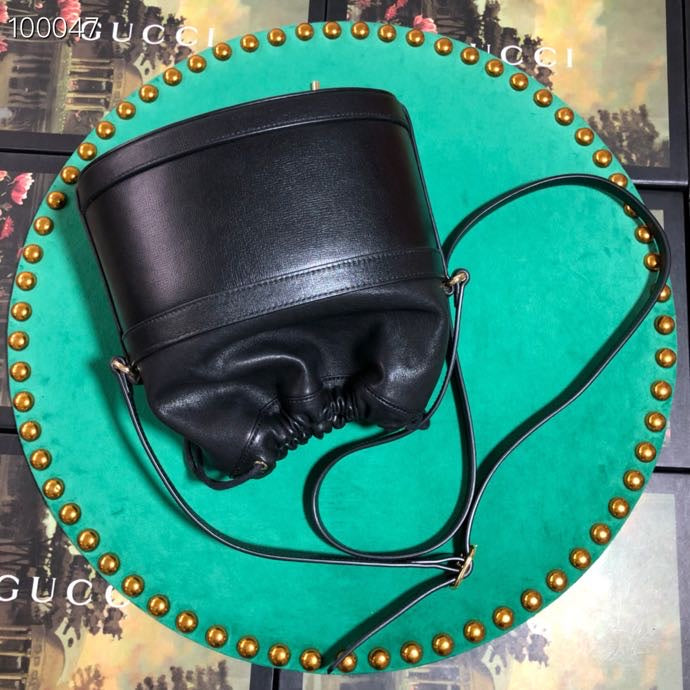 Classic Black Leather Drawstring Bucket Bag with Adjustable Shoulder Strap