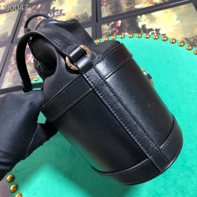 Classic Black Leather Drawstring Bucket Bag with Adjustable Shoulder Strap