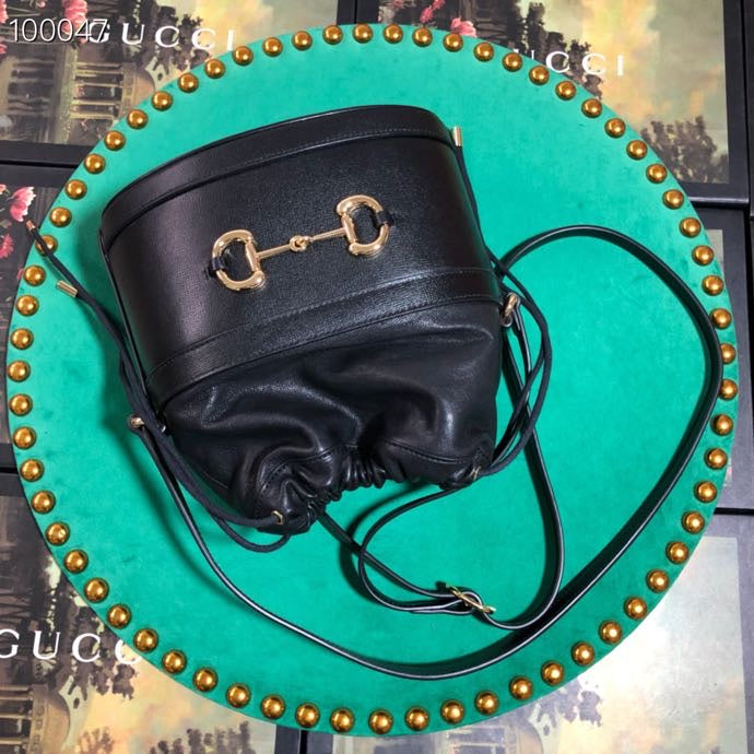 Classic Black Leather Drawstring Bucket Bag with Adjustable Shoulder Strap