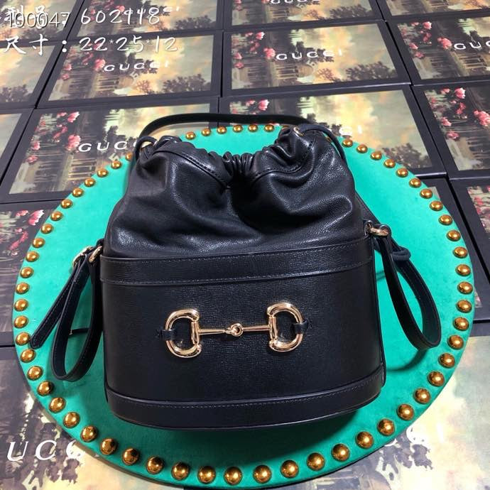 Gucci Classic Black Leather Drawstring Bucket Crossbody Bag