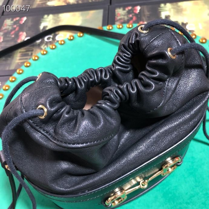 Classic Black Leather Drawstring Bucket Bag with Adjustable Shoulder Strap