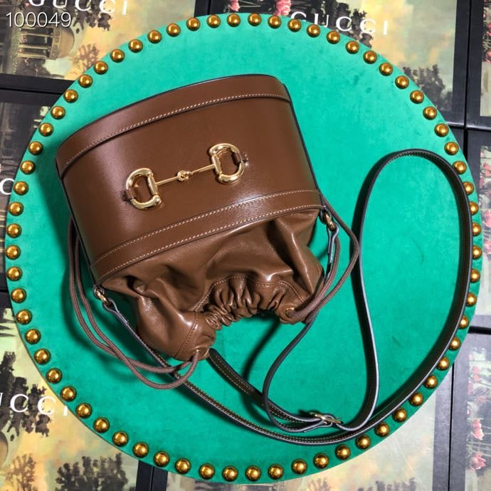 Brown Leather Horsebit 1955 Small Bucket Bag with Drawstring Closure