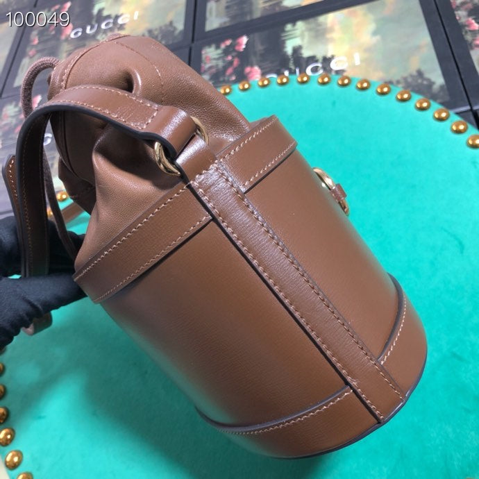 Brown Leather Horsebit 1955 Small Bucket Bag with Drawstring Closure