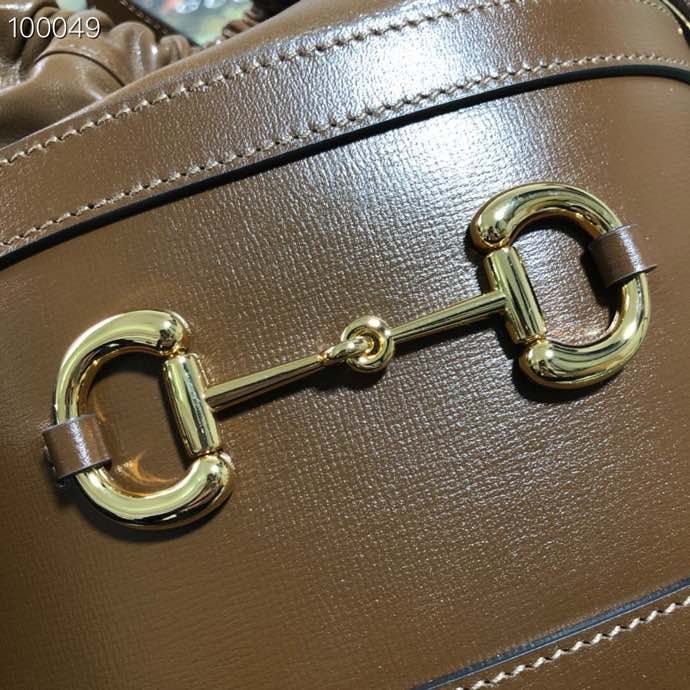 Brown Leather Horsebit 1955 Small Bucket Bag with Drawstring Closure