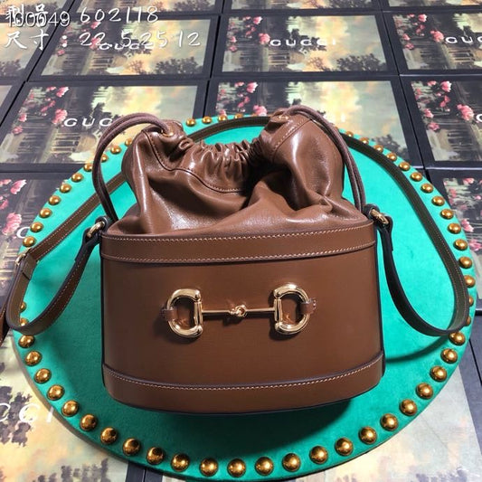 Brown Leather Horsebit 1955 Small Bucket Bag with Drawstring Closure